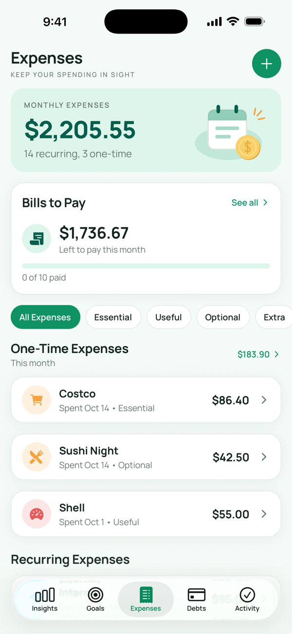 Kountly Expenses tab: $2,205.55 a month from 14 recurring and 3 one-time expenses, $1,736.67 of bills left to pay, and one-time purchases at Costco, Sushi Night and Shell